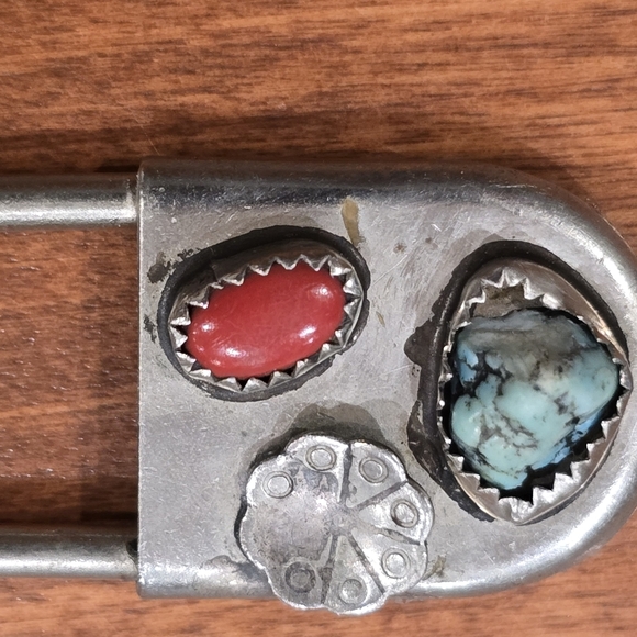 Vtg Native American Silver Blue Stone Coral Giant 3 3/8" Safety Pin Key Ring - Picture 2 of 4